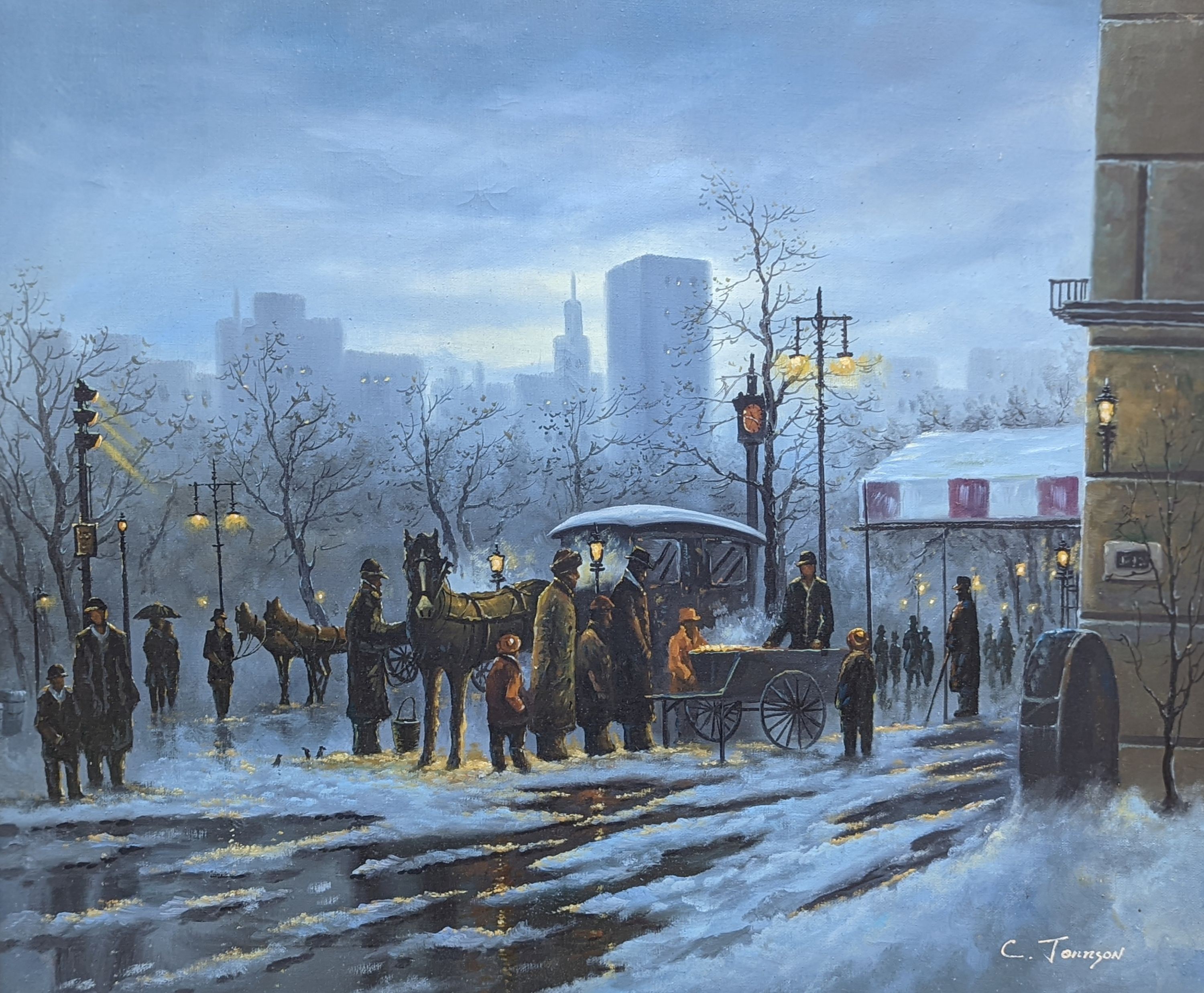 C. Jonnson, oil on canvas, Street market in winter, signed, 50 x 60cm